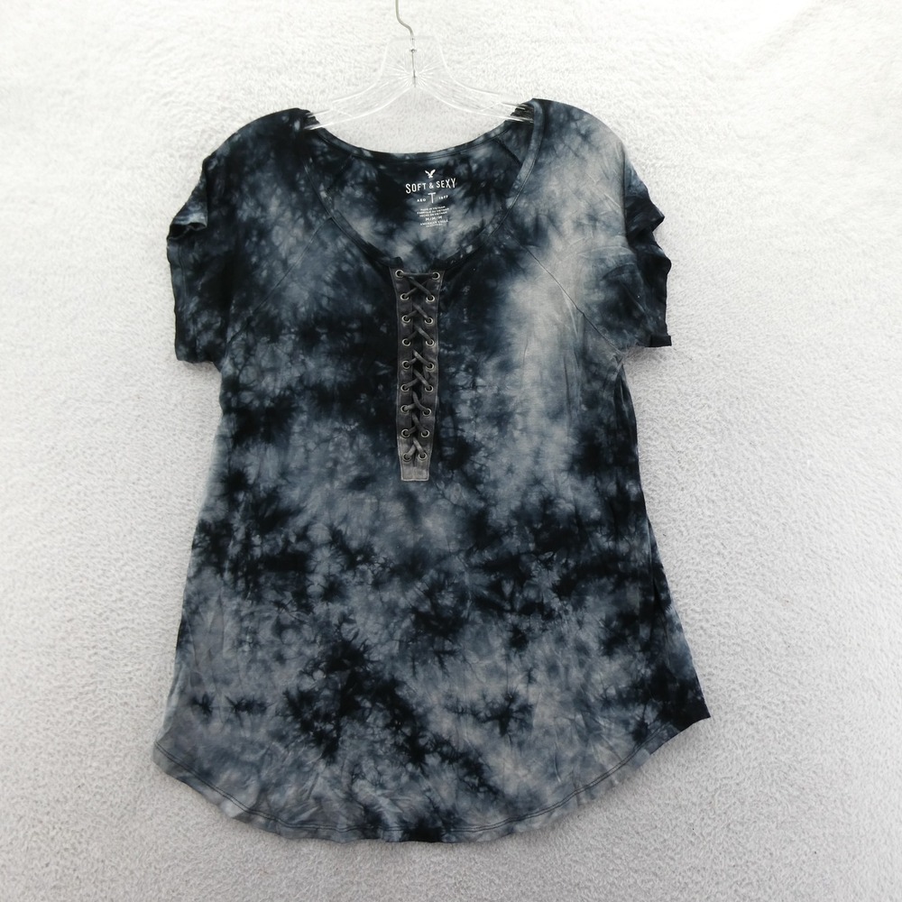 American Eagle T-Shirt Womens Medium Soft & Sexy Lace Up Tie Dye Black Grey Top